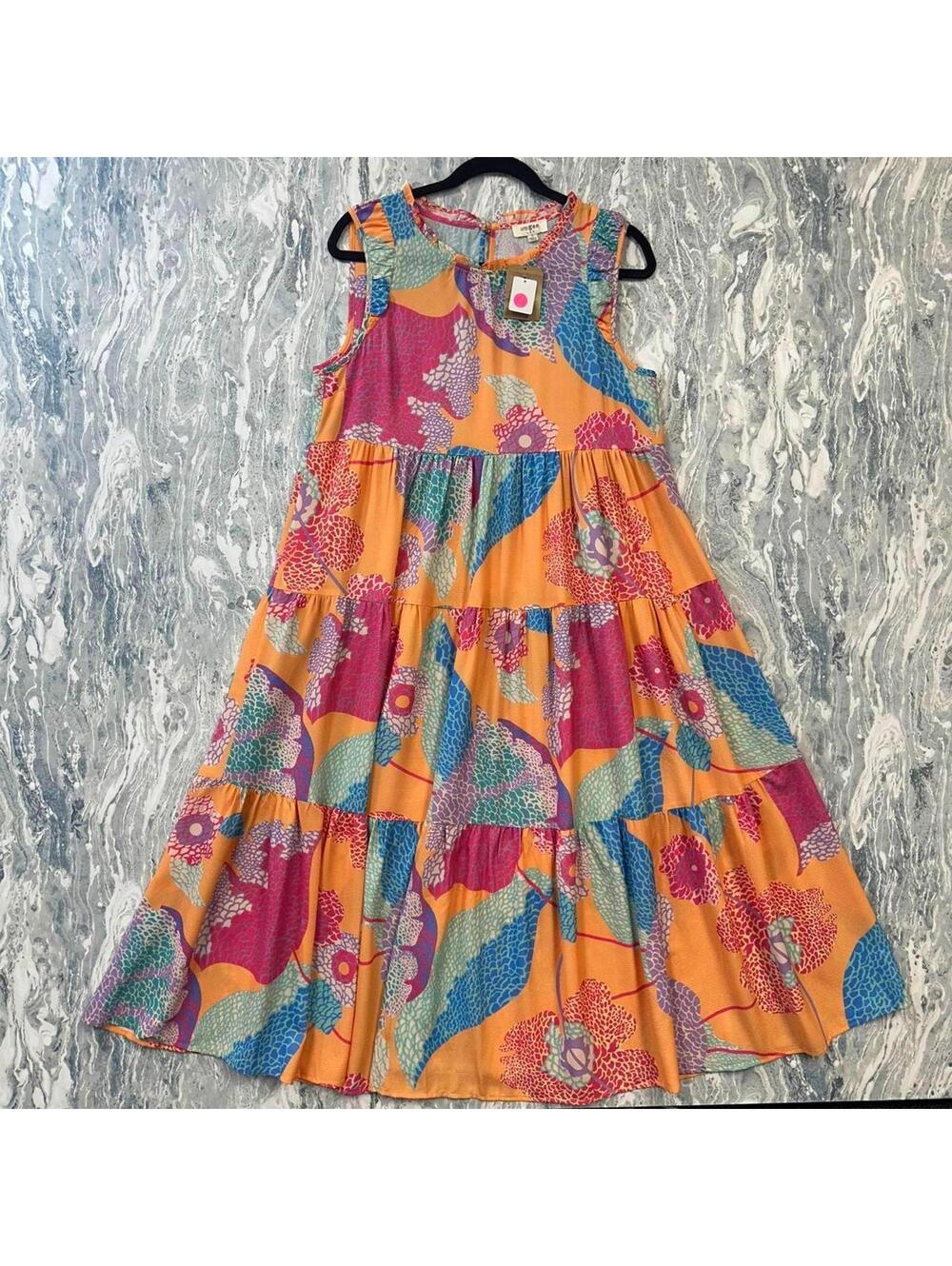 Cottage Preppy Boho Orange Floral Tiered Maxi Dress (S)